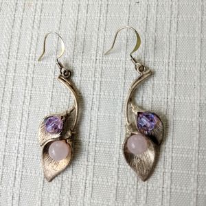 Dangle Earrings Amethyst Silver Floral Purple Pearl